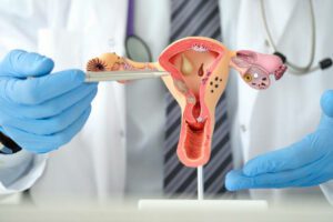 Man gynecologist showing female diseases with pen on plastic artificial model of uterus and ovaries closeup. Medical education concept