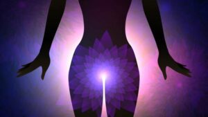 Woman body silhouette with purple glow from genitals, concept of female sexual enjoyment and health