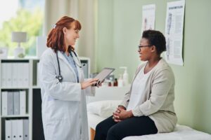 Women talking to a gynecologist in women's health clinic